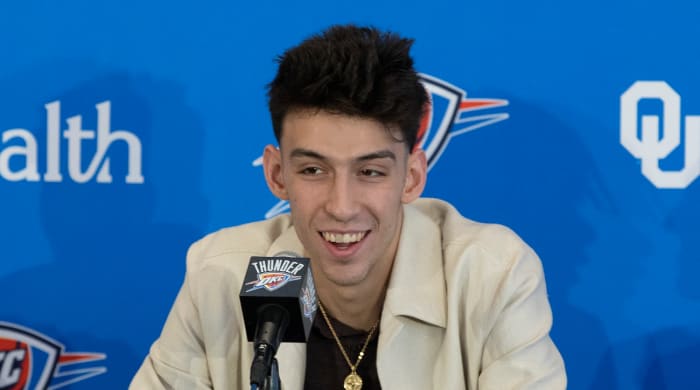 Oklahoma City Thunder forward Chet Holmgren speaks to the media.